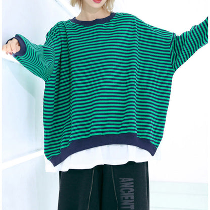 Art O-Ausschnitt Fledermausärmel Baumwolle feines Nähen gestreiftes Silhouette Top