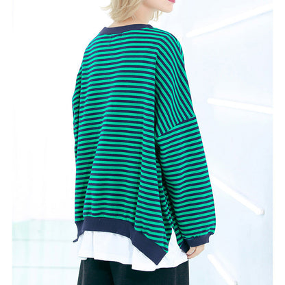 Art O-Ausschnitt Fledermausärmel Baumwolle feines Nähen gestreiftes Silhouette Top