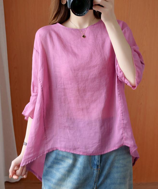 Art o neck Ruffles summer clothes For Women Tunic Tops pink shirts - SooLinen