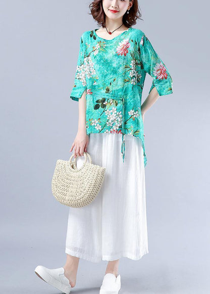 Art o neck asymmetric tunic pattern green Plant printing Dresses blouses - SooLinen