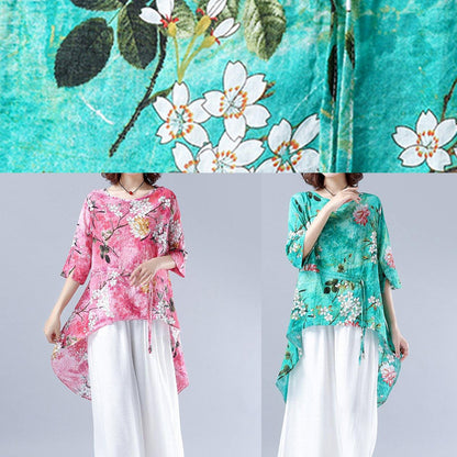 Art o neck asymmetric tunic pattern green Plant printing Dresses blouses - SooLinen