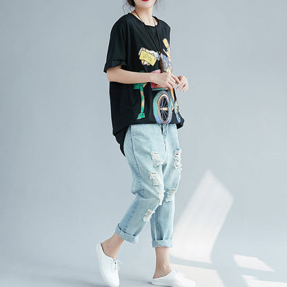 Art O-Ausschnitt Baumwolltops Damen feines Design schwarzer Print Baggy Tops