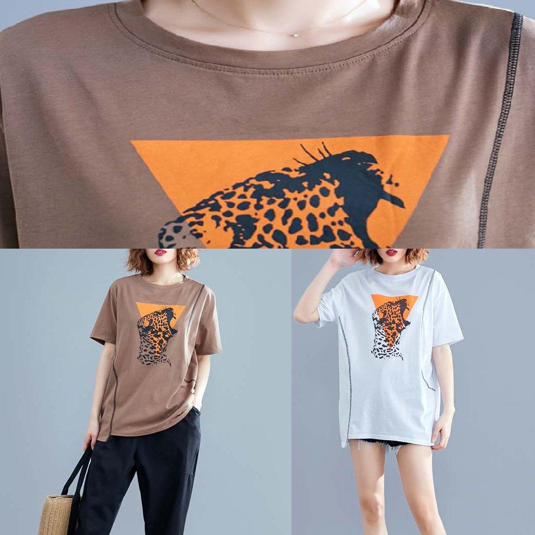 Art o neck cotton tunic Shape chocolate print top summer - SooLinen