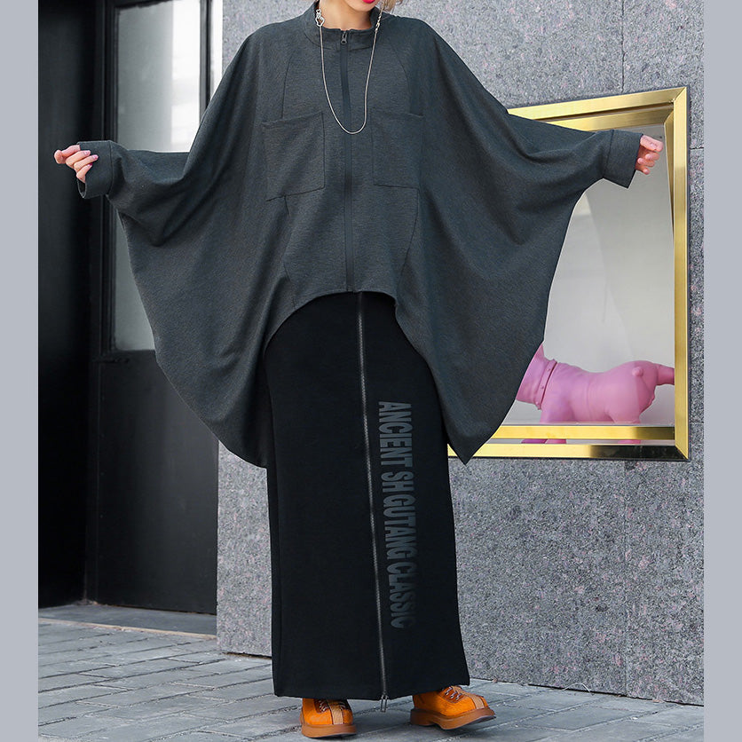 Art O-Ausschnitt Extra großer Saum Baumwolle Damen Übergröße Kleiderschränke graue lockere Oberteile