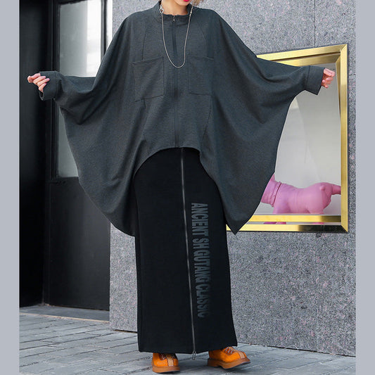 Art O-Ausschnitt Extra großer Saum Baumwolle Damen Übergröße Kleiderschränke graue lockere Oberteile