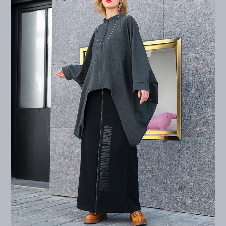 Art O-Ausschnitt Extra großer Saum Baumwolle Damen Übergröße Kleiderschränke graue lockere Oberteile