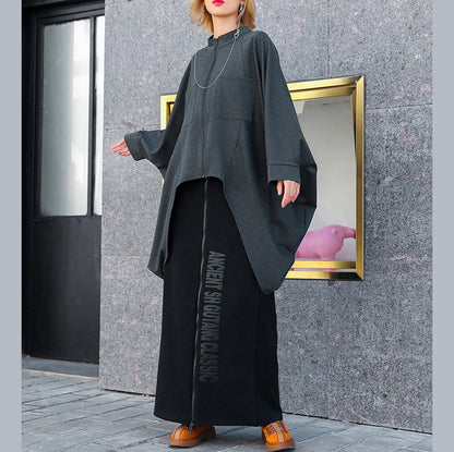 Art O-Ausschnitt Extra großer Saum Baumwolle Damen Übergröße Kleiderschränke graue lockere Oberteile