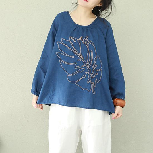 Art O-Ausschnitt Leinen Bluse Indische Form blau bedruckte Oberteile