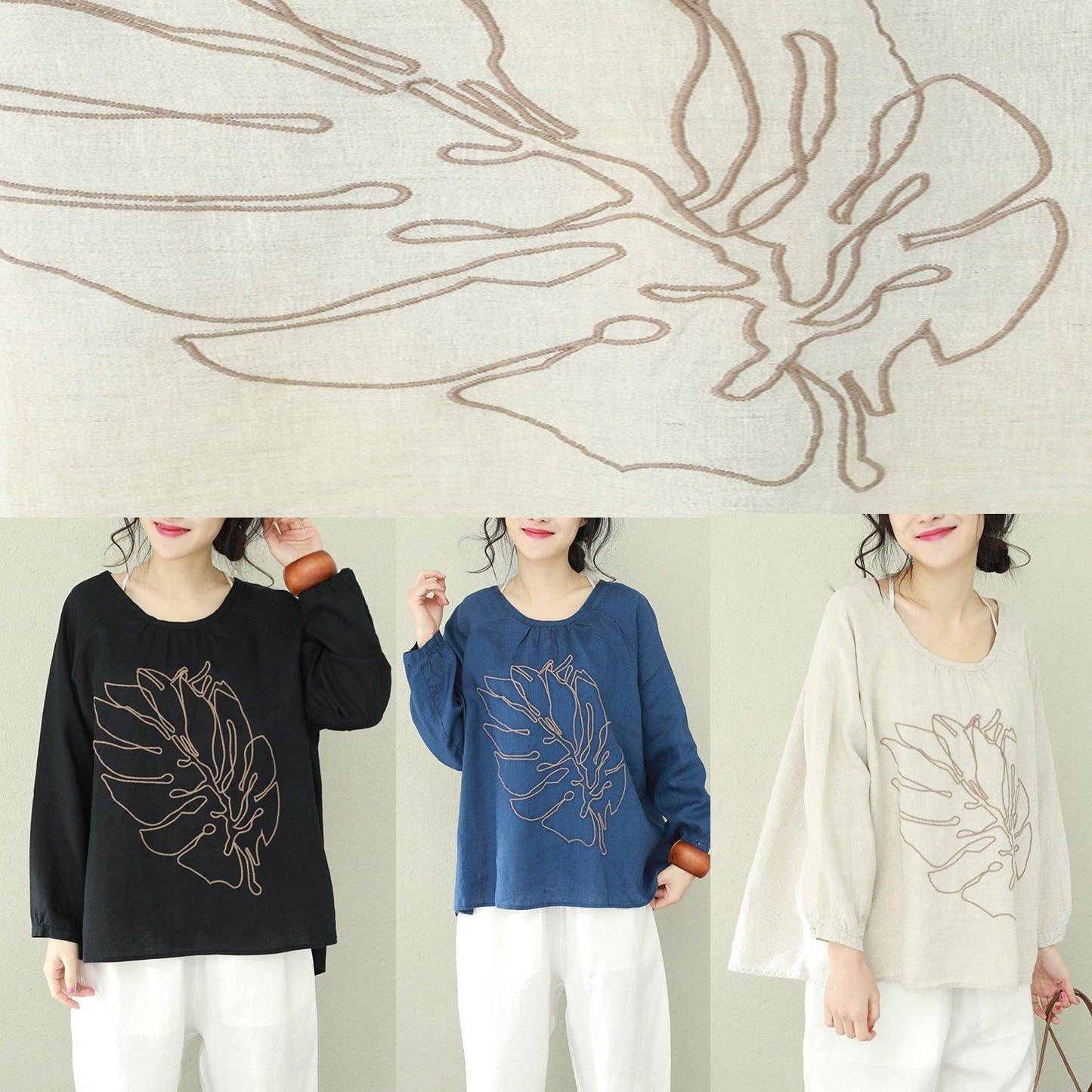 Art O-Ausschnitt Leinen Bluse Indische Form blau bedruckte Oberteile