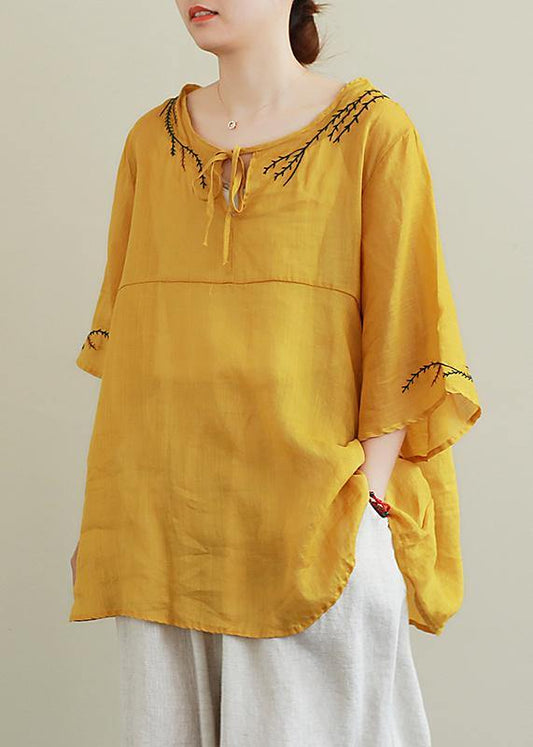 Art o neck linen Blouse Wardrobes yellow embroidery tops - SooLinen
