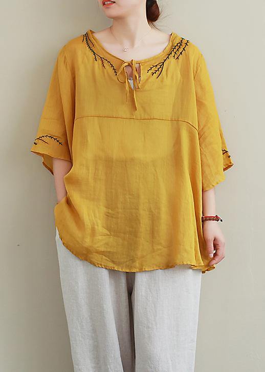 Art o neck linen Blouse Wardrobes yellow embroidery tops - SooLinen