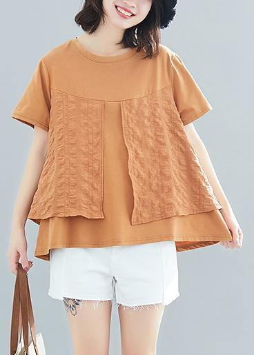 Art o neck patchwork cotton tops women blouses Korea Work Outfits khaki box blouses Summer - SooLinen