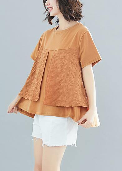 Art o neck patchwork cotton tops women blouses Korea Work Outfits khaki box blouses Summer - SooLinen