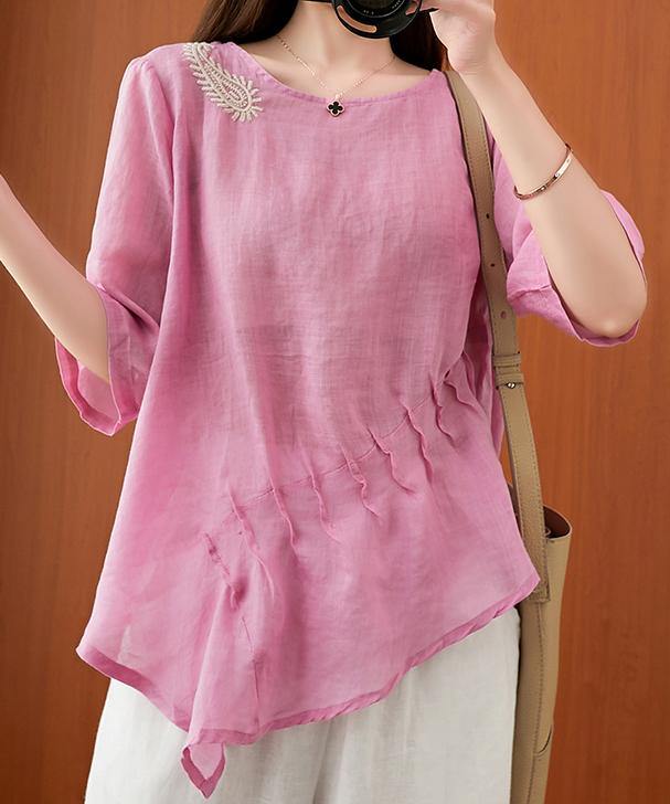 Art pink embroidery Blouse o neck Cinched silhouette blouse - SooLinen