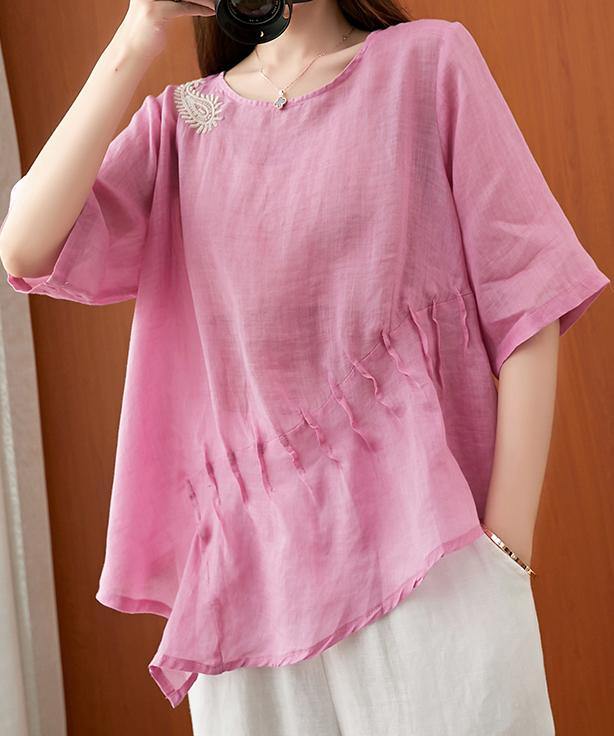 Art pink embroidery Blouse o neck Cinched silhouette blouse - SooLinen