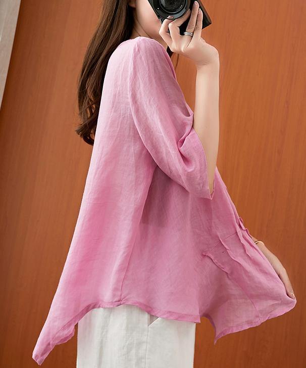 Art pink embroidery Blouse o neck Cinched silhouette blouse - SooLinen
