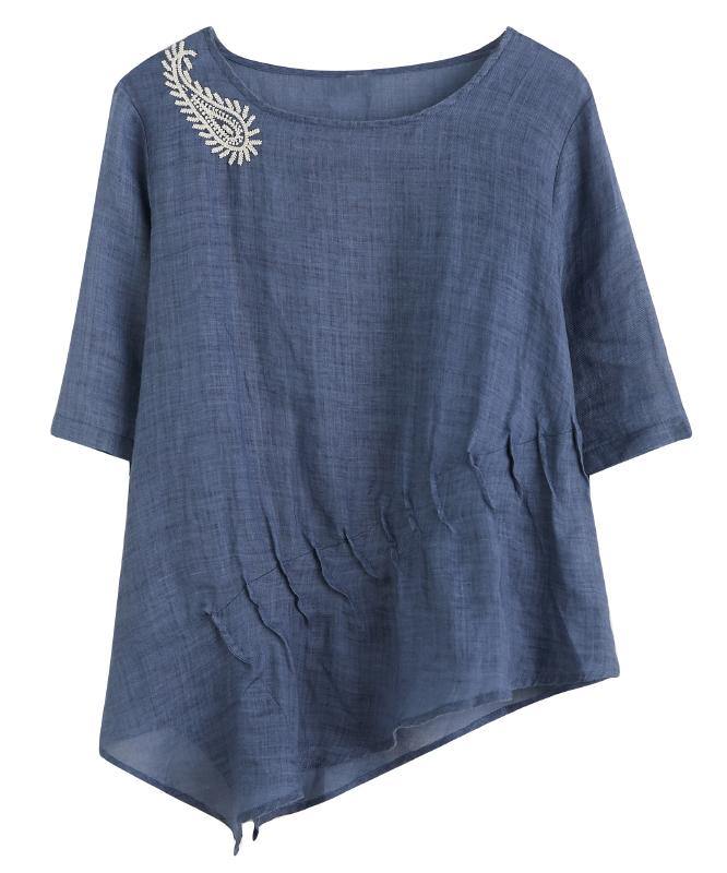 Art pink embroidery Blouse o neck Cinched silhouette blouse - SooLinen