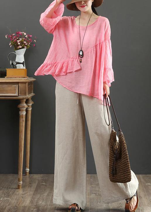 Art pink linen tops o neck Ruffles silhouette summer blouses - SooLinen