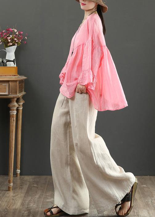 Art pink linen tops o neck Ruffles silhouette summer blouses - SooLinen