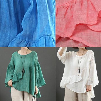 Art pink linen tops o neck Ruffles silhouette summer blouses - SooLinen
