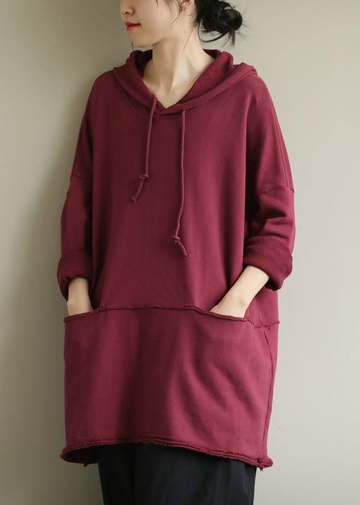 Art red blouses for women hooded drawstring oversized fall top - SooLinen