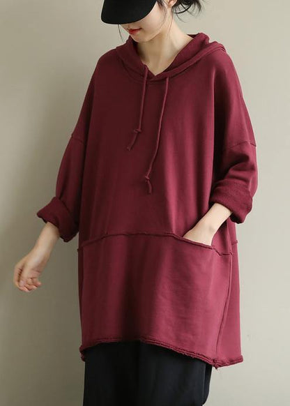 Art red blouses for women hooded drawstring oversized fall top - SooLinen
