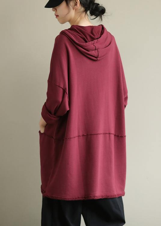 Art red blouses for women hooded drawstring oversized fall top - SooLinen