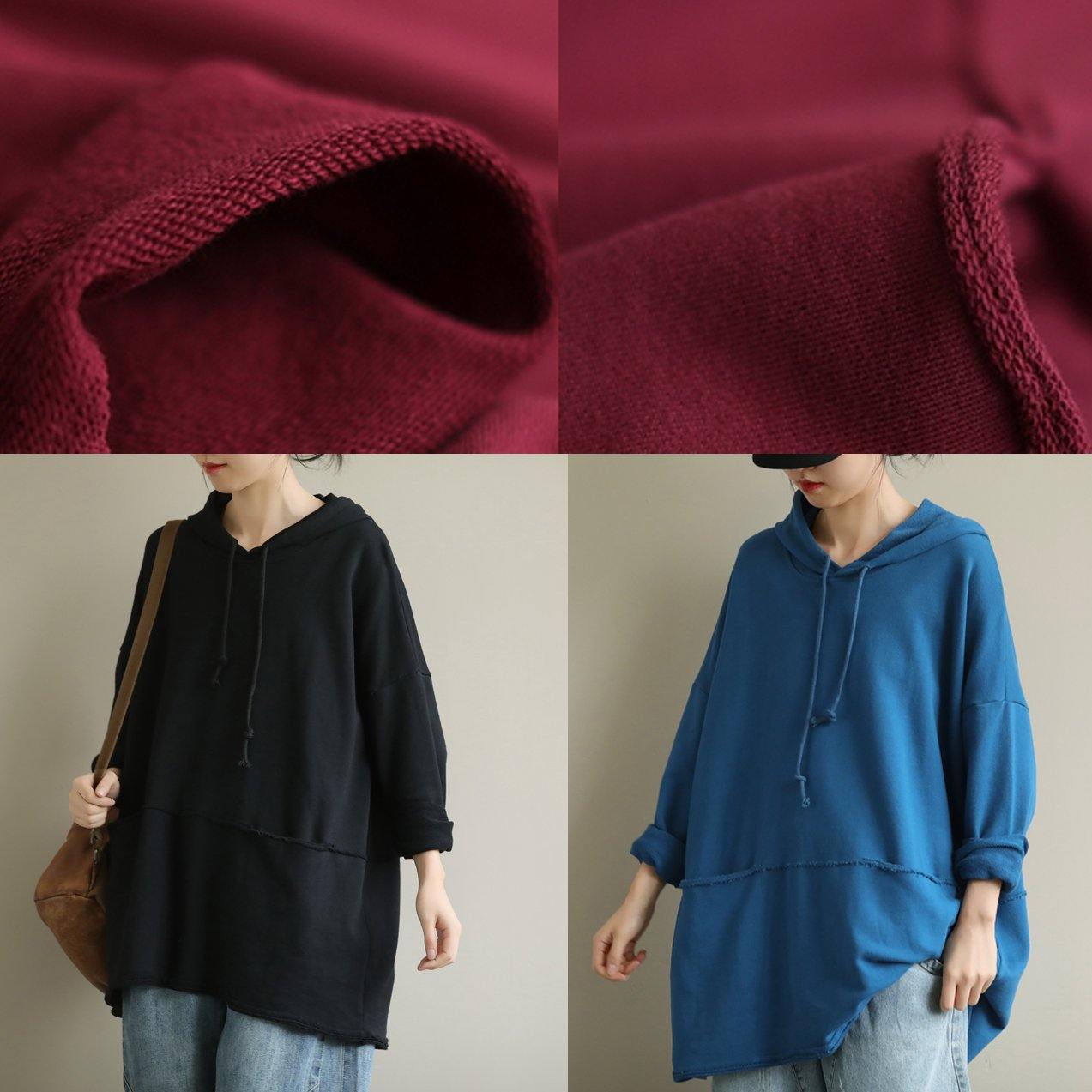 Art red blouses for women hooded drawstring oversized fall top - SooLinen