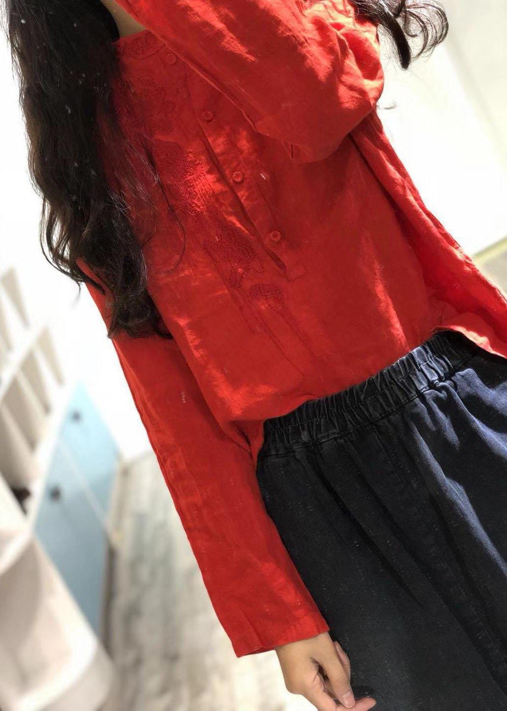 Art red embroidery linen clothes stand collar oversized fall tops - SooLinen