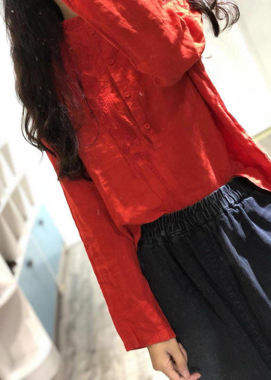 Art red embroidery linen clothes stand collar oversized fall tops - SooLinen