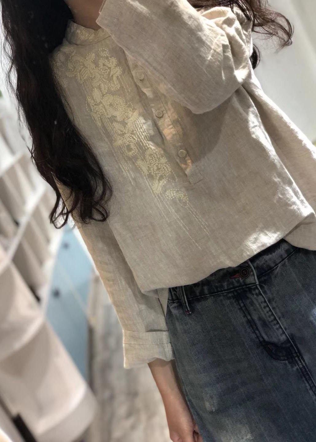 Art red embroidery linen clothes stand collar oversized fall tops - SooLinen