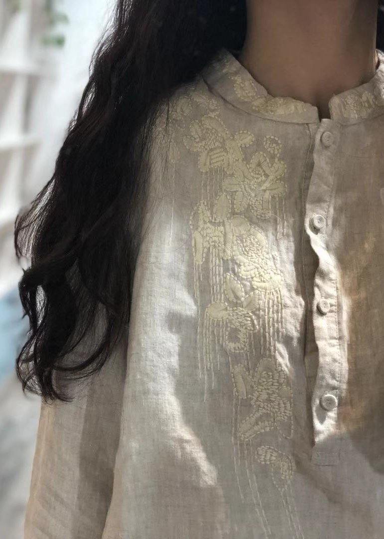 Art red embroidery linen clothes stand collar oversized fall tops - SooLinen