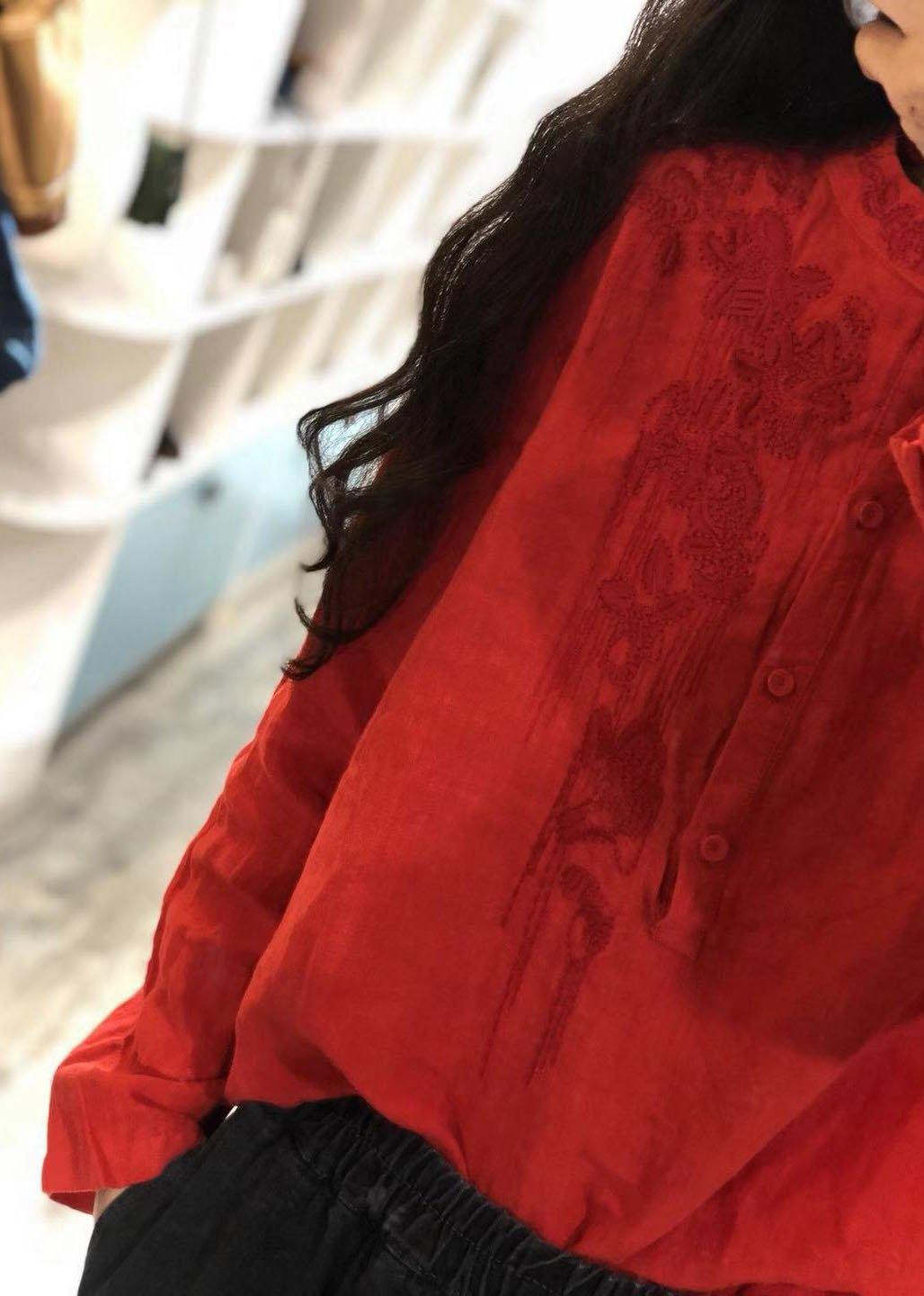 Art red embroidery linen clothes stand collar oversized fall tops - SooLinen