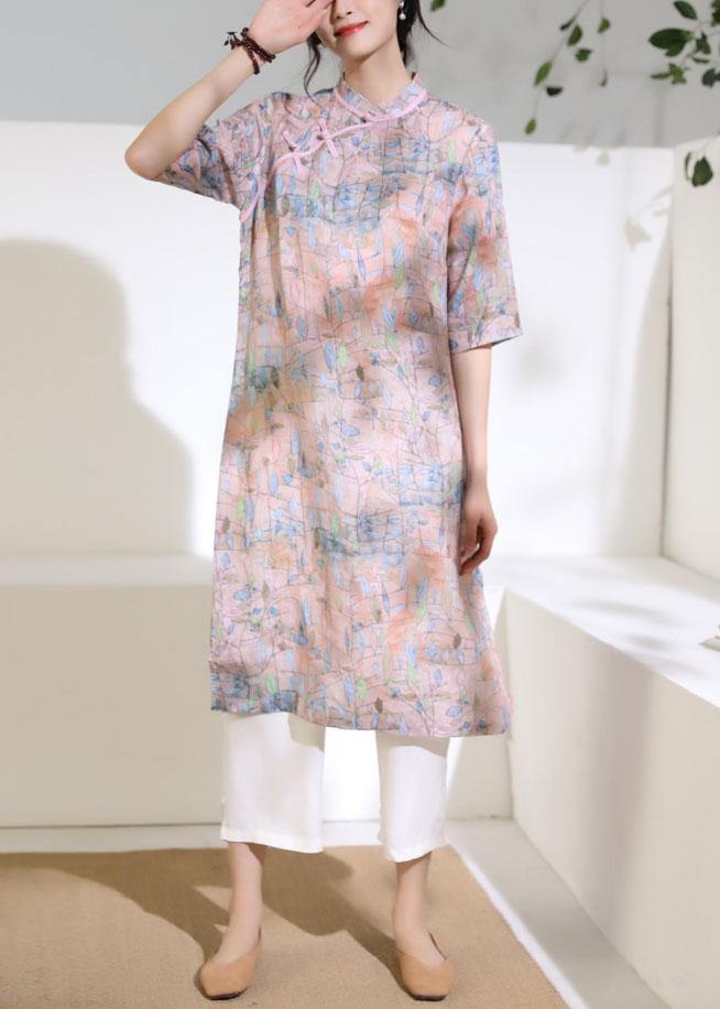 Art stand collar half sleeve linen clothes For Women Work pink print Dress - SooLinen