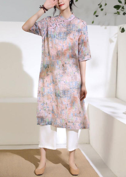 Art stand collar half sleeve linen clothes For Women Work pink print Dress - SooLinen