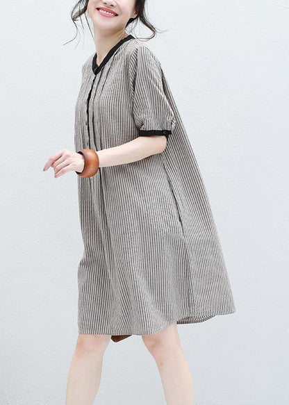 Art striped linen clothes short sleeve Plus Size summer Dresses - SooLinen