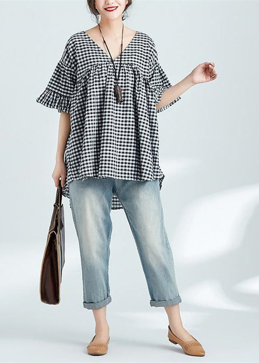 Art V-Ausschnitt Schmetterlingsärmel Leinen Tops Damen Indian Work schwarz kariert Alltags Tops