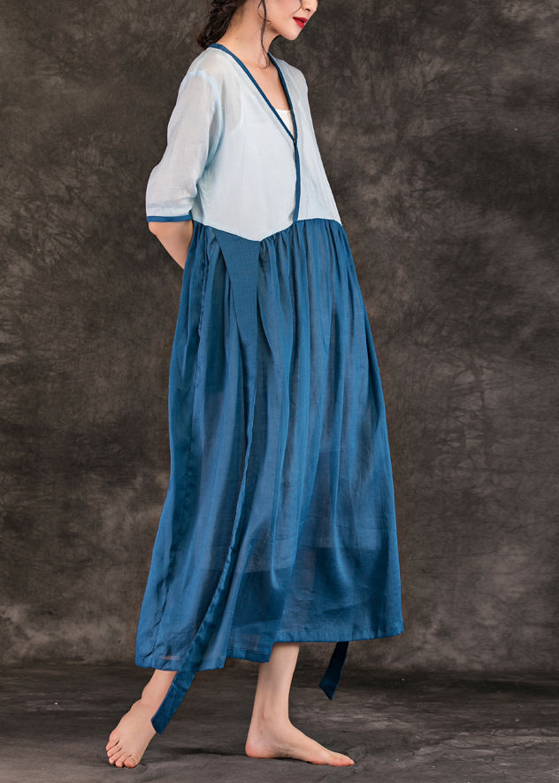 Art V-Ausschnitt Patchwork Leinenkleid Omychic Wardrobes blaue Leinenroben Kleid Sommer