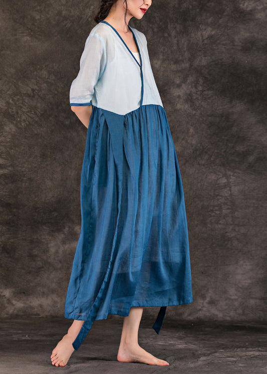 Art V-Ausschnitt Patchwork Leinenkleid Omychic Wardrobes blaue Leinenroben Kleid Sommer