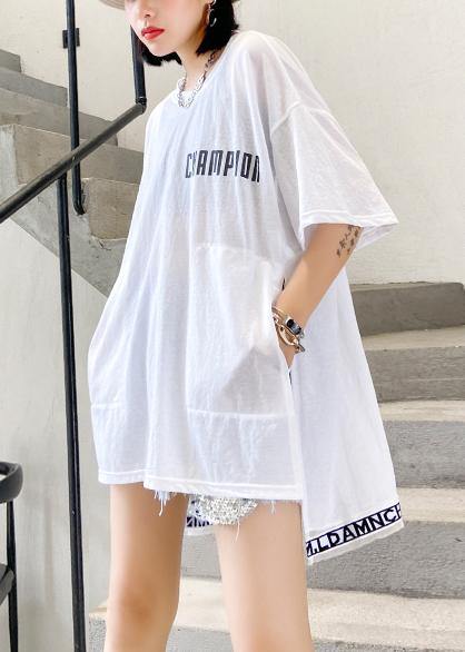 Art white Letter cotton crane tops o neck side open loose shirt - SooLinen