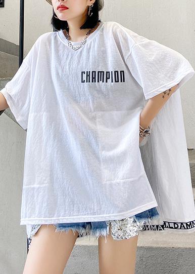 Art white Letter cotton crane tops o neck side open loose shirt - SooLinen