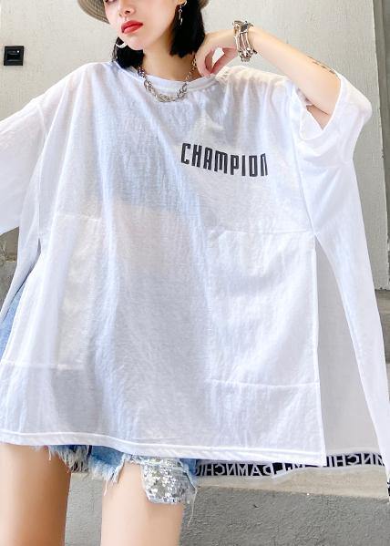 Art white Letter cotton crane tops o neck side open loose shirt - SooLinen