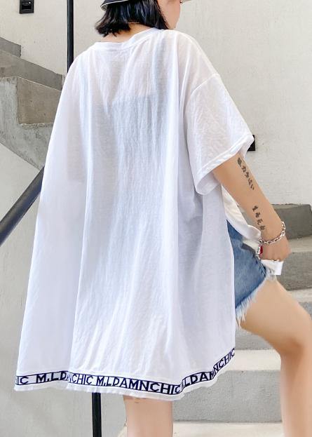 Art white Letter cotton crane tops o neck side open loose shirt - SooLinen