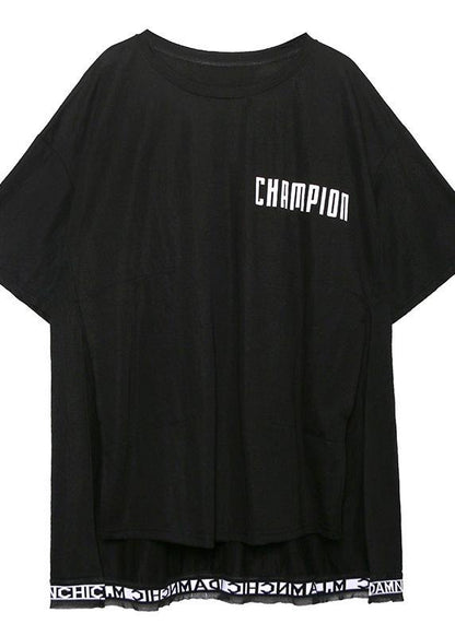 Art white Letter cotton crane tops o neck side open loose shirt - SooLinen