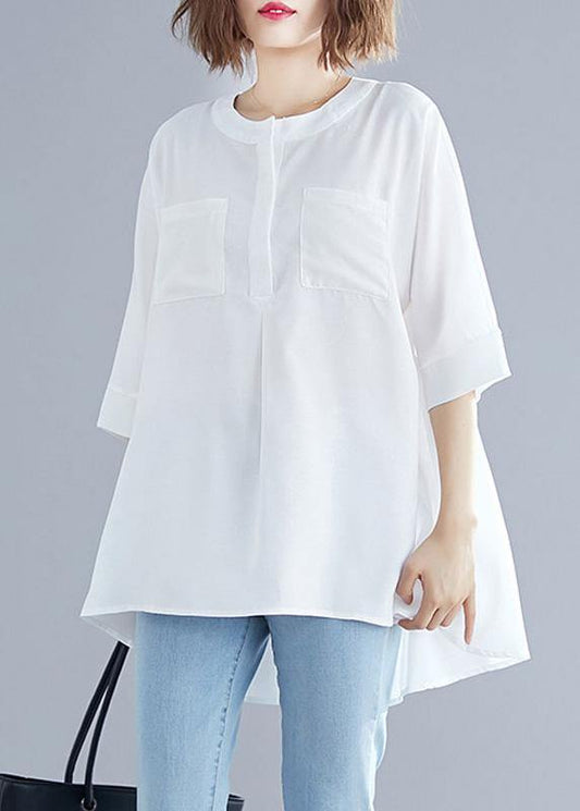 Art White Cotton Top Silhouette Low High Design Midi Summer Half Sleeve Shirt - SooLinen