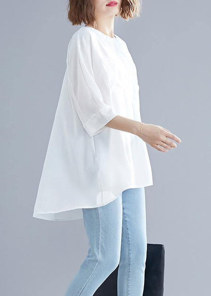 Art White Cotton Top Silhouette Low High Design Midi Summer Half Sleeve Shirt - SooLinen