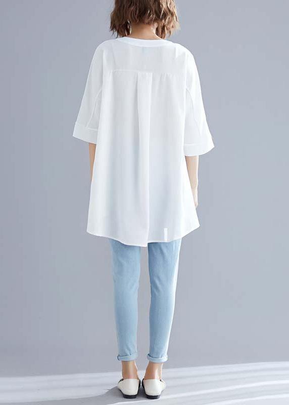 Art White Cotton Top Silhouette Low High Design Midi Summer Half Sleeve Shirt - SooLinen