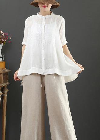 Art white embroidery linen top for women stand collar Midi summer top - SooLinen
