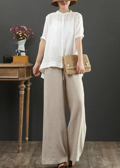 Art white embroidery linen top for women stand collar Midi summer top - SooLinen