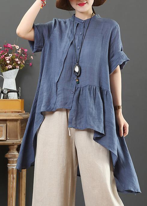 Art white linen clothes pattern stand collar low high design top - SooLinen